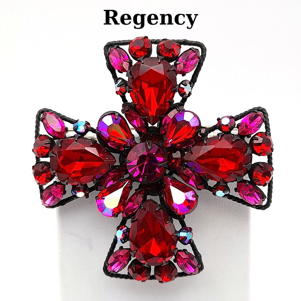 Signed Regency Red Pink Japanned Rhinestone Maltese Cross Brooch